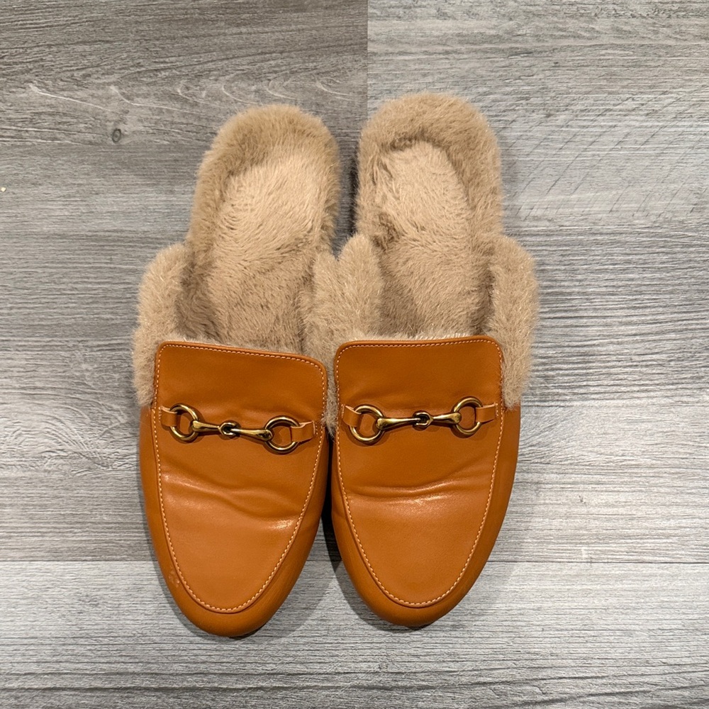 Amazon Tan Faux-Fur Lined Leather Bit Mules